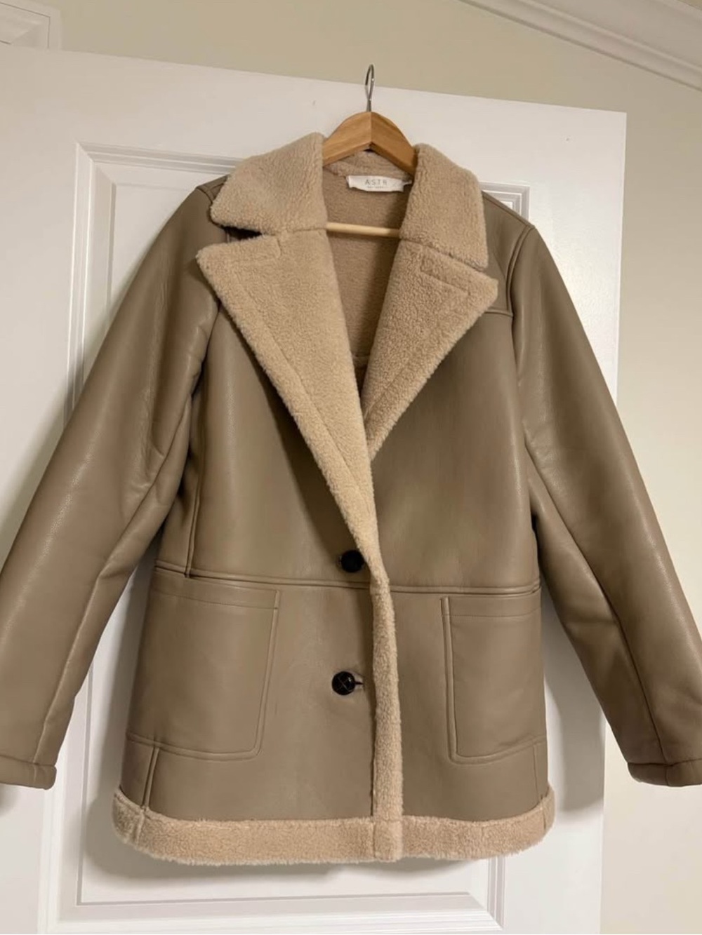 Astr Taupe Vegan Leather Teddy Jacket with Cream Faux Shearling